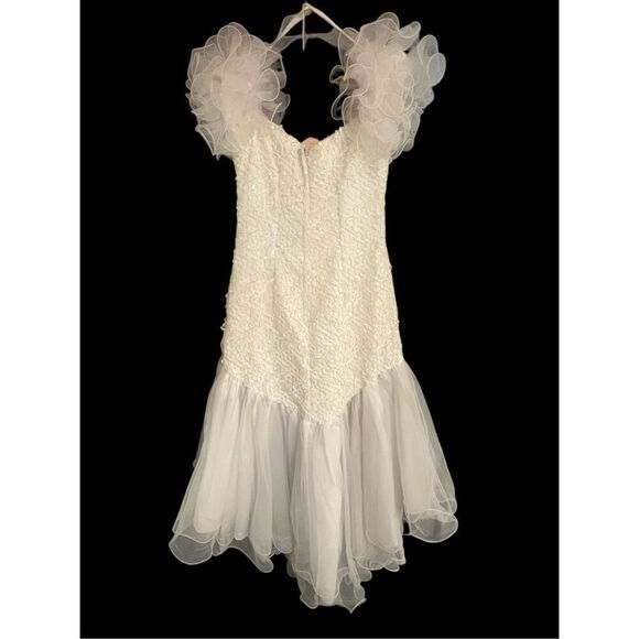 Vintage 1980s Flirtations White Prom Dress Drop Waist Sequin Puffy Sleeve Tulle - Picture 3 of 4